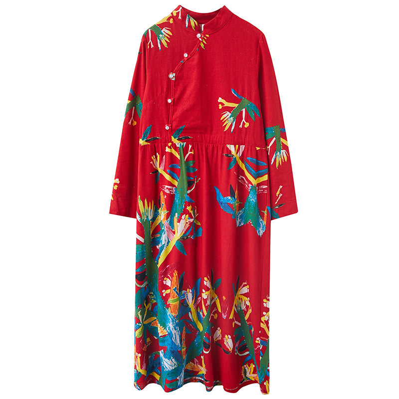 Floral Cheongsam Cotton Linen Dress