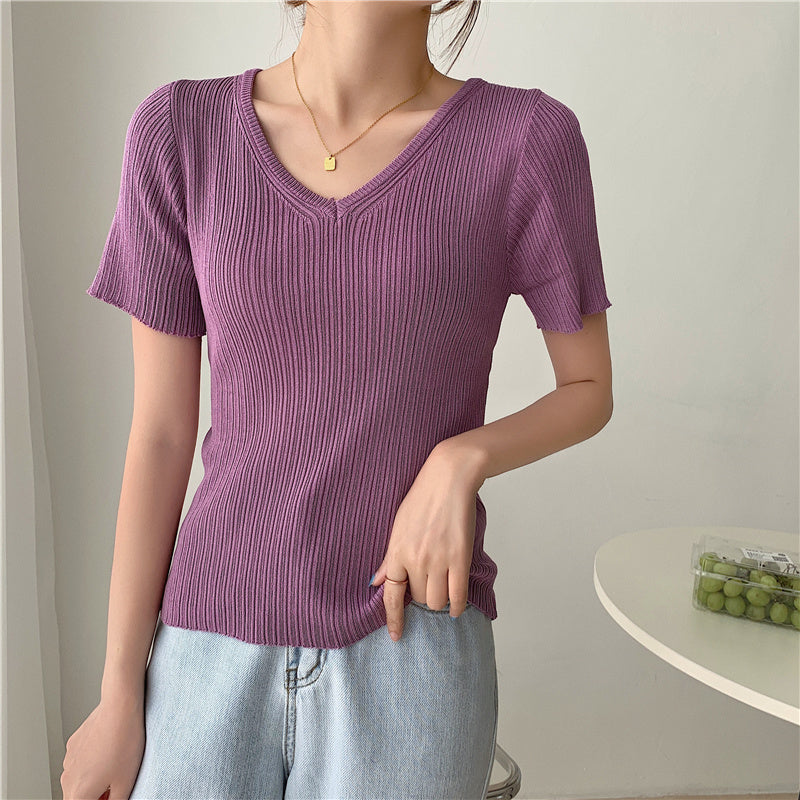 v neck short sleeve knit top