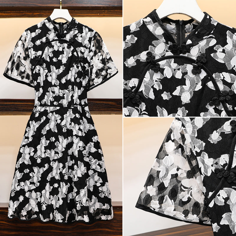 Monochrome Lace Cheongsam Dress