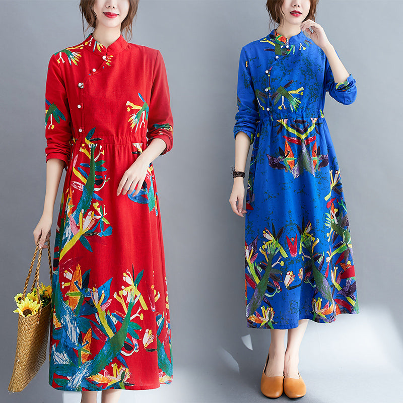 Floral Cheongsam Cotton Linen Dress