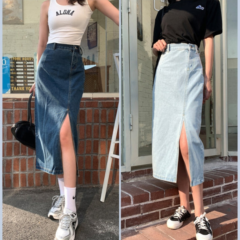 Chosen By Fifi & Annie The Frayed Hem Denim Midi Skirt | Mid Blue || Fifi &  Annie Boutique