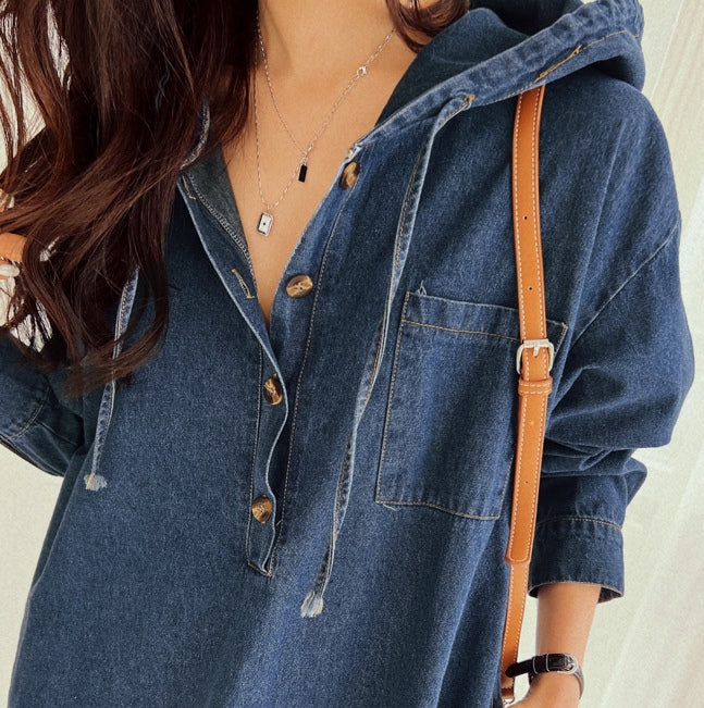 Hadia Denim Hooded Loose Fit Dress