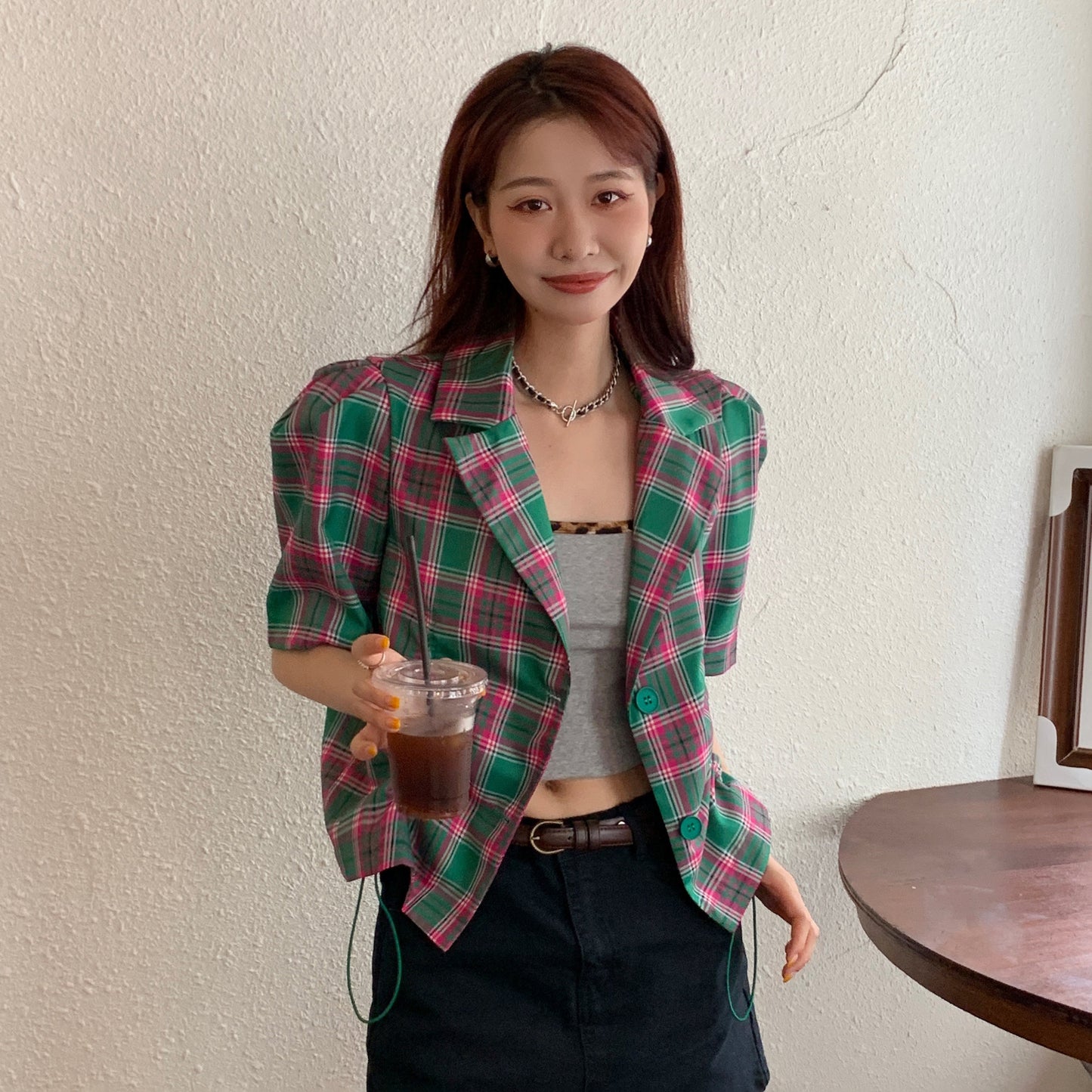 Maddy Checkered Crop Blazer Top