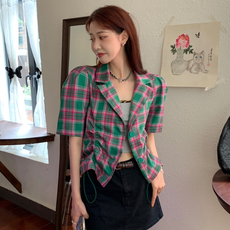 Maddy Checkered Crop Blazer Top