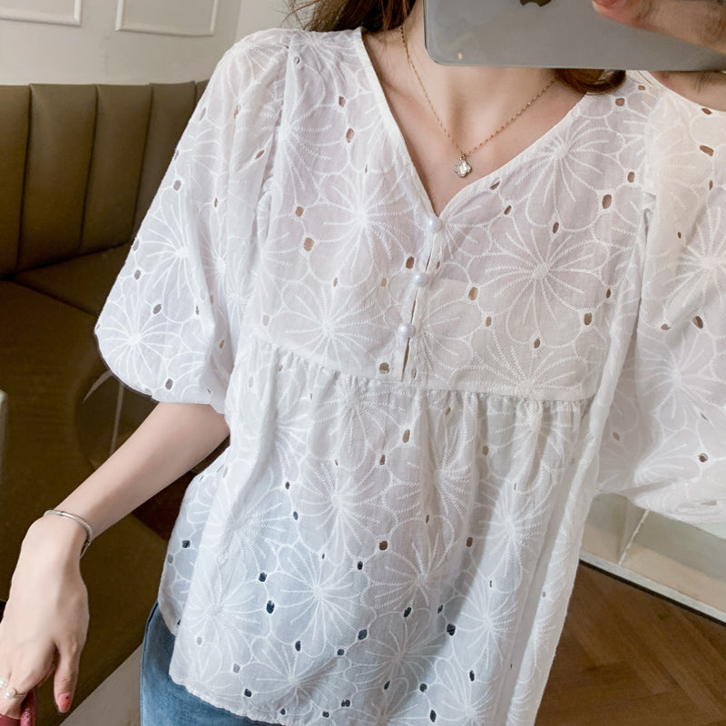 Emma Eyelet Round Button Top