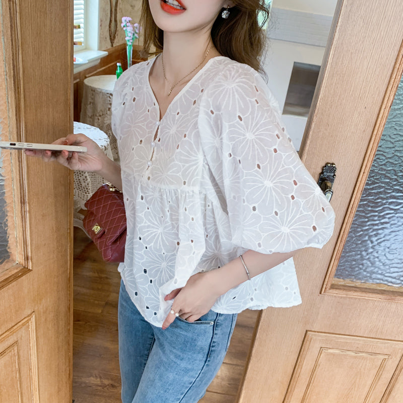 Emma Eyelet Round Button Top