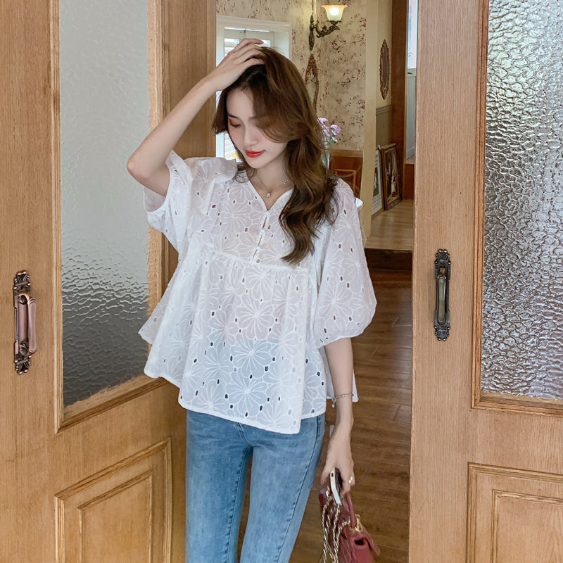 Emma Eyelet Round Button Top