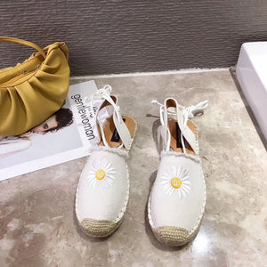 Flower Embroidery Lace Up Rope Flats