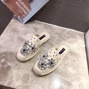 Embellished Crystal Slip On Rope Flats