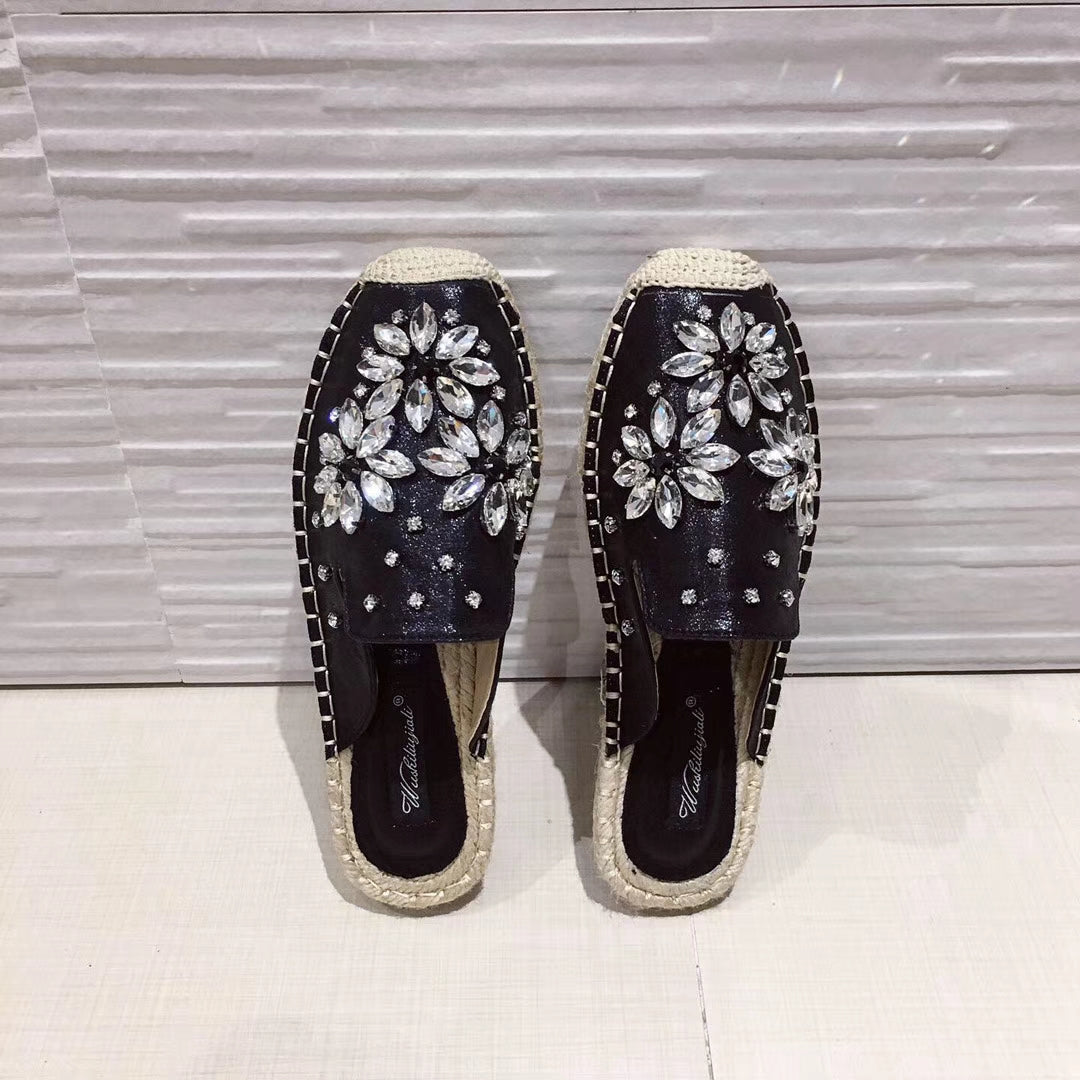 Embellished Crystal Slip On Rope Flats