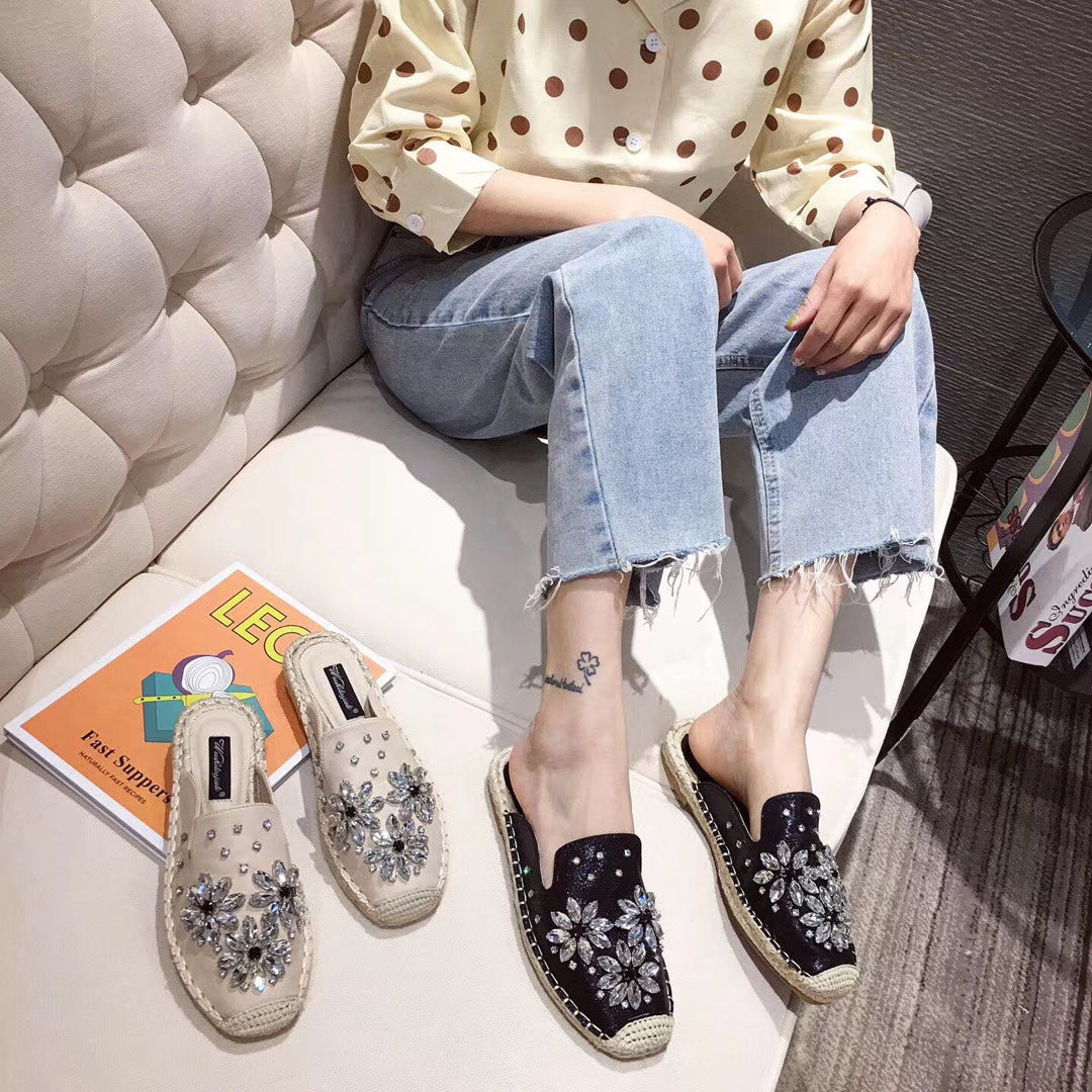 Embellished Crystal Slip On Rope Flats