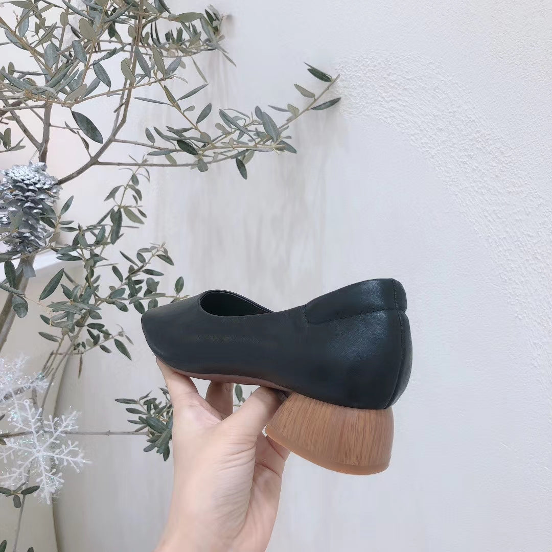 Classic Wooden Heel Lamb Skin Shoes