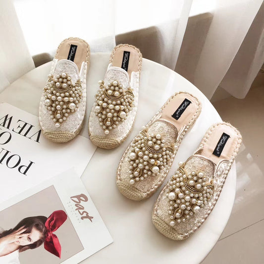 Pearl Embellishment Slip On Rope Flats