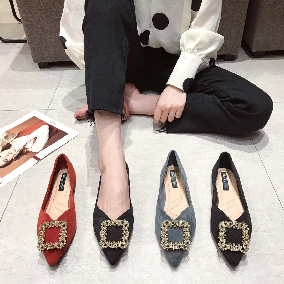 Embellished Crystal Faux Suede Pointed Flats