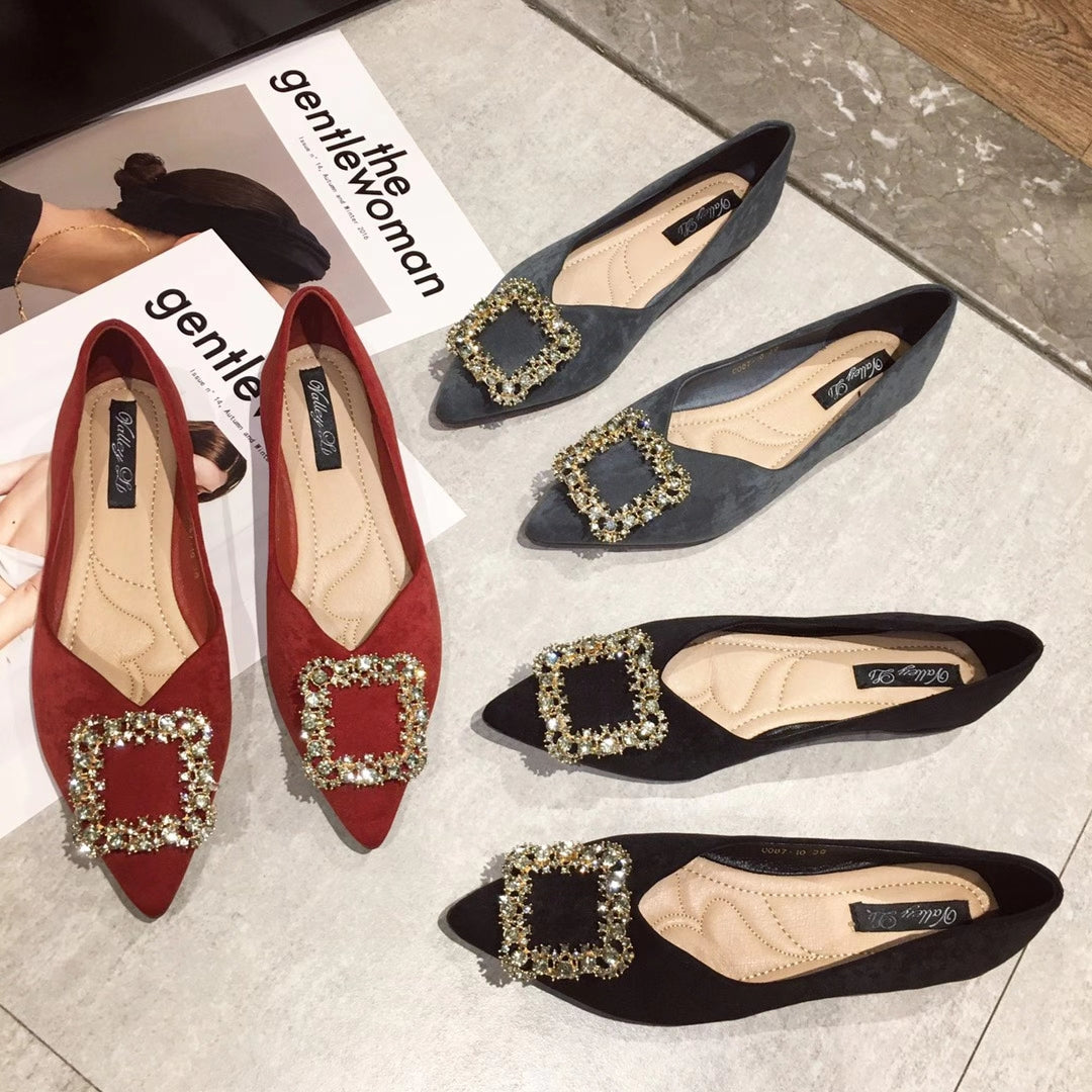 Embellished Crystal Faux Suede Pointed Flats