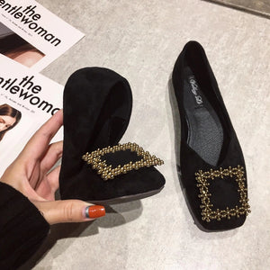 Embellished Crystal Faux Suede Square Toe Flats