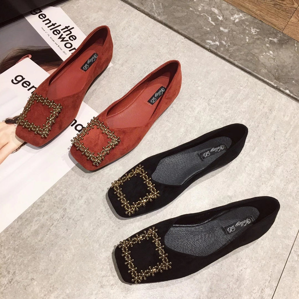 Embellished Crystal Faux Suede Square Toe Flats