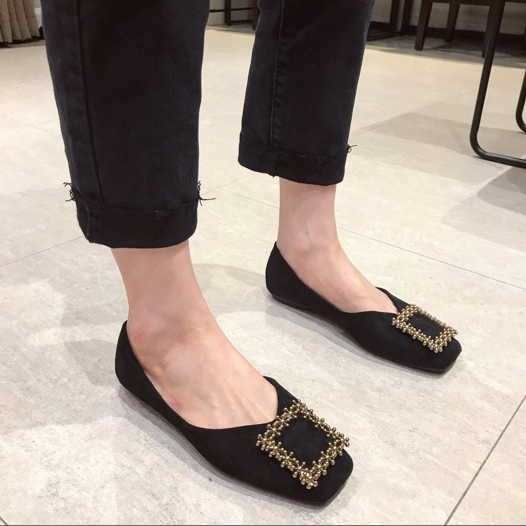 Embellished Crystal Faux Suede Square Toe Flats