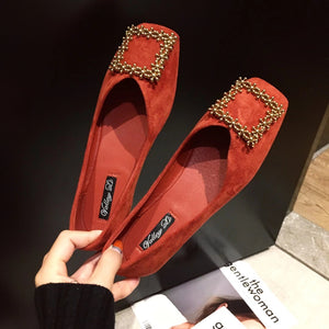 Embellished Crystal Faux Suede Square Toe Flats