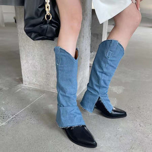 Tanya Mid Cowboy Boots With Denim Sleeve