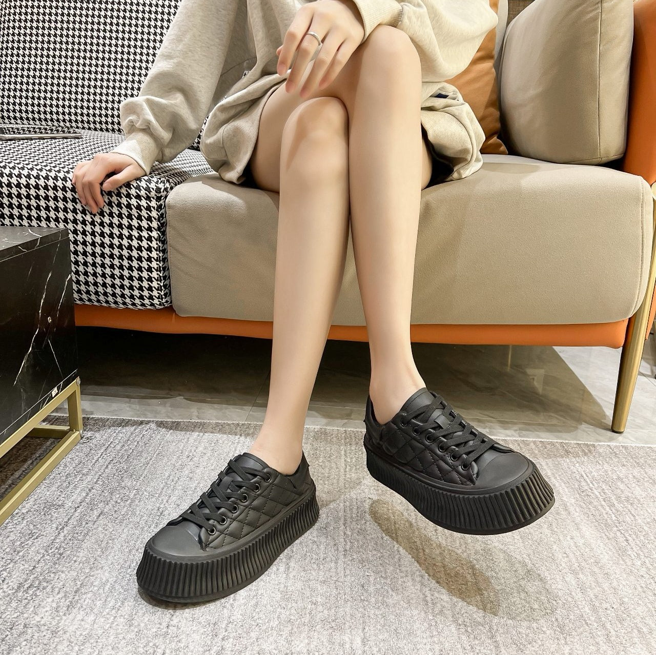 Ashton Checkered Lace Up Calf Leather Sneakers