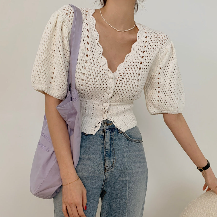 Crochet Knit Puff Sleeve Button Down Crop Top