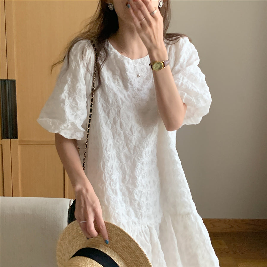 Embroidery Puff Sleeve Ruffle Hem Dress