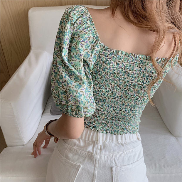 Smocked Back Mini Floral Bubble Sleeve Crop Top