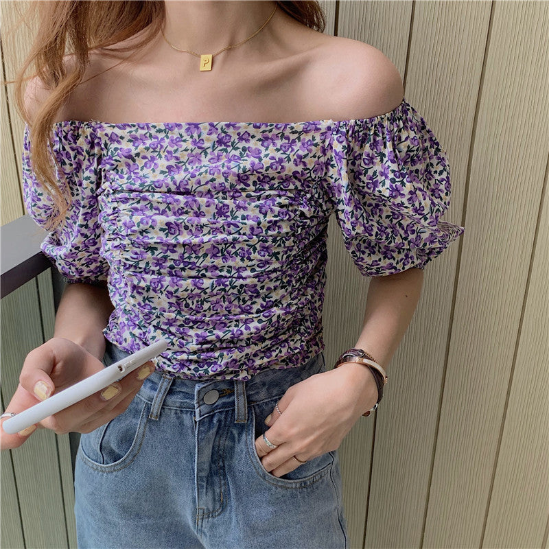 Smocked Back Mini Floral Bubble Sleeve Crop Top