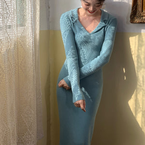 Knit V-Neck Long Sleeve Dress