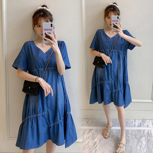 Gathered Stitch Denim V-Neck Dress