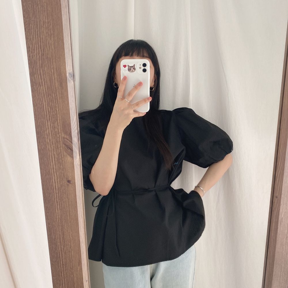 Bubble Sleeve Round Neck Top