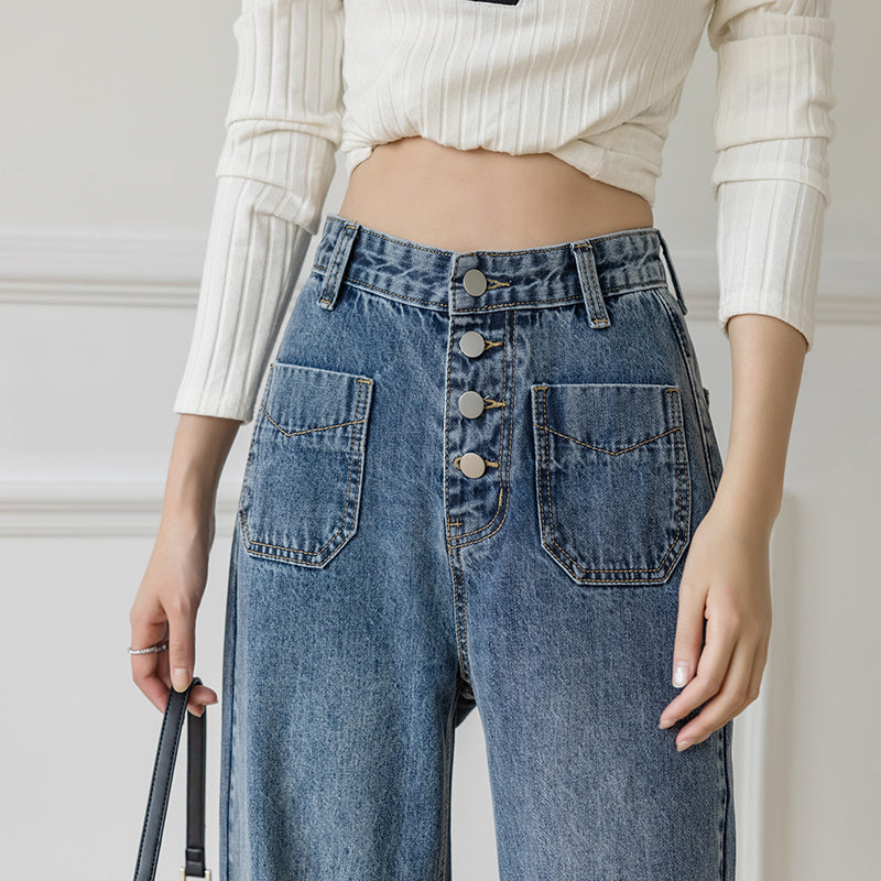 Wide Leg Button Down Front Pocket Denim Jeans