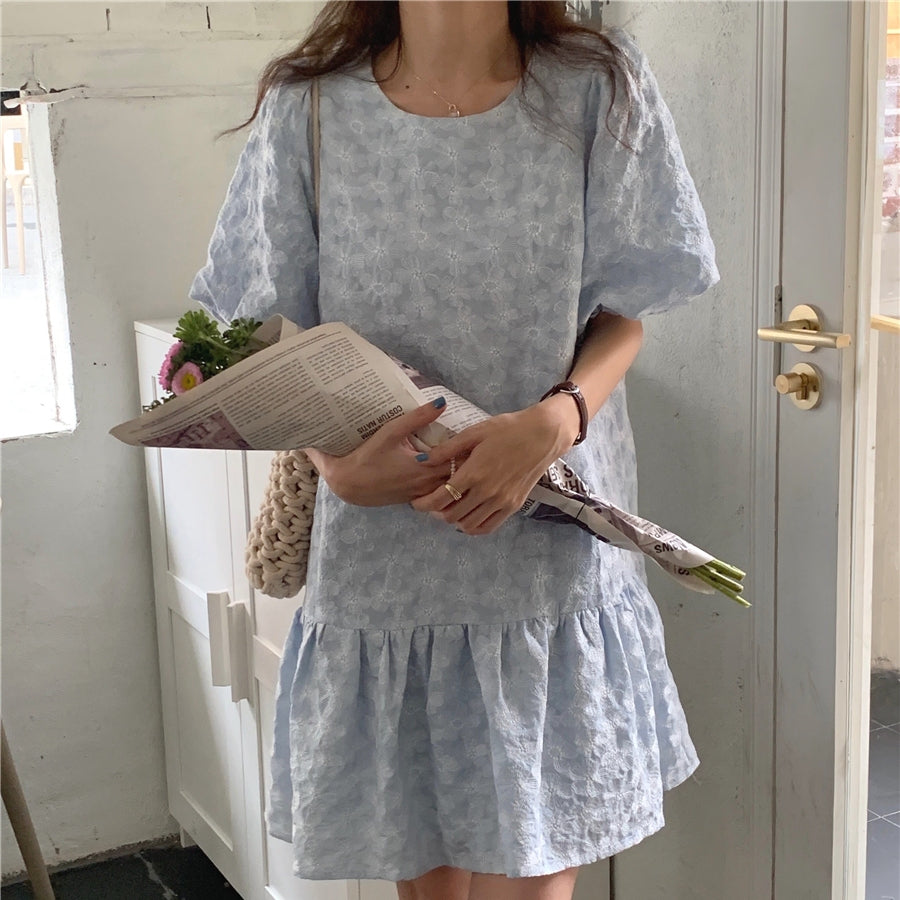 Embroidery Puff Sleeve Ruffle Hem Dress