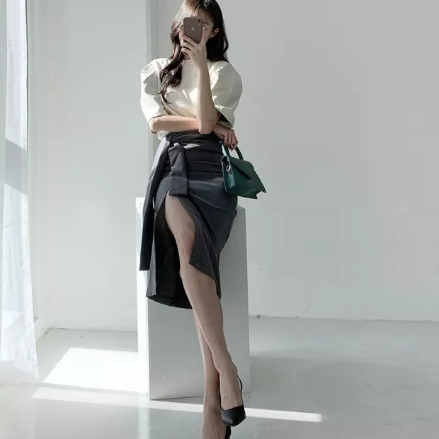 Side Slit Mid Length High Waist Skirt