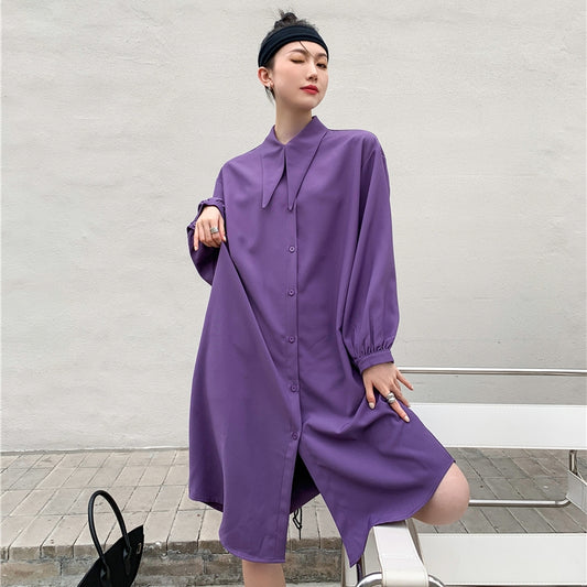 Pointed Collar Balloon Sleeve Button Down Dress