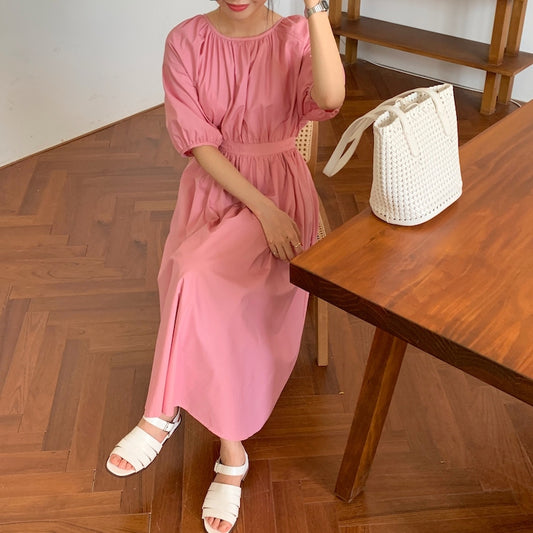 Hollow Back Tie Puff Sleeve Midi Dress