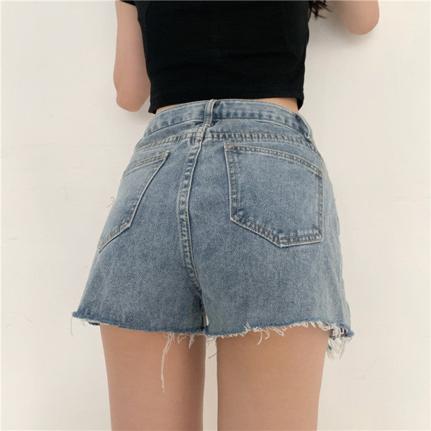 Ripped Button Down Denim Shorts