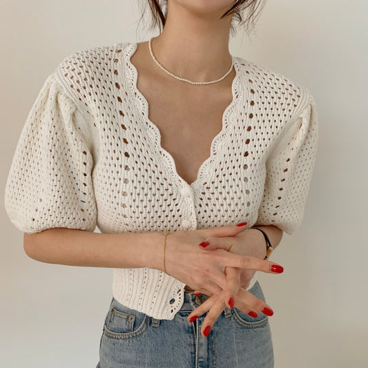 Crochet Knit Puff Sleeve Button Down Crop Top