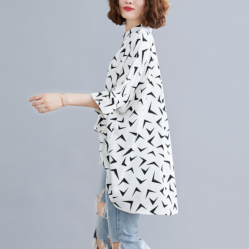 Front Drawstring Mandarin Collar Printed Shirt