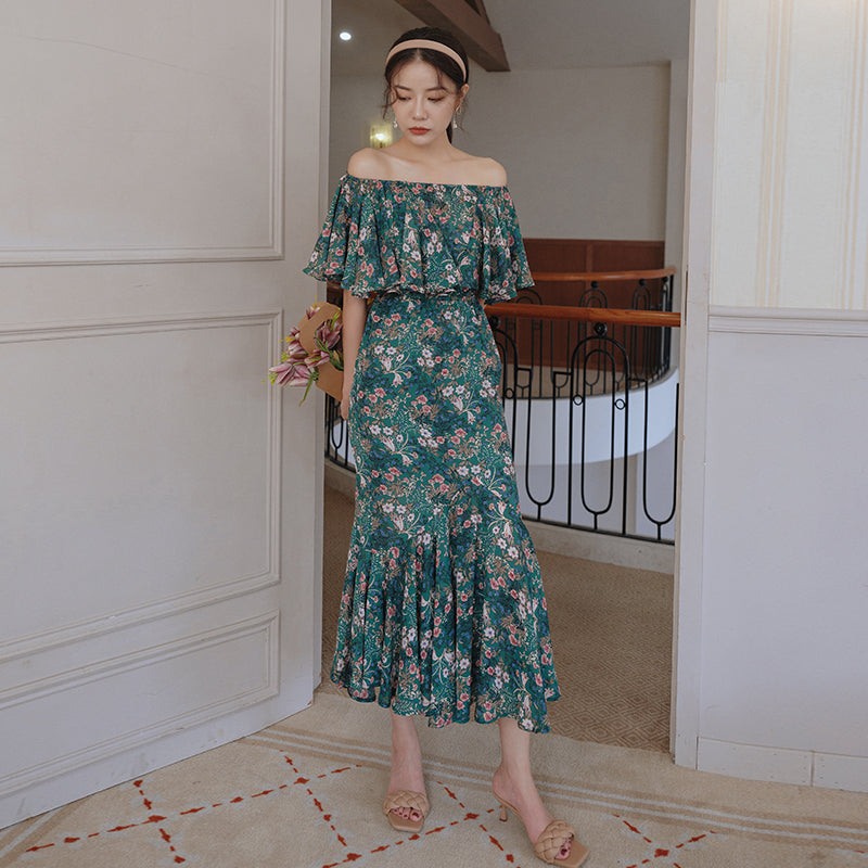 Floral Off Shoulder Mermaid Hem Dress