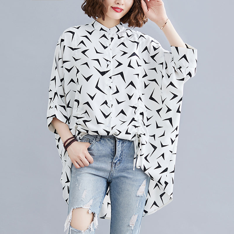 Front Drawstring Mandarin Collar Printed Shirt