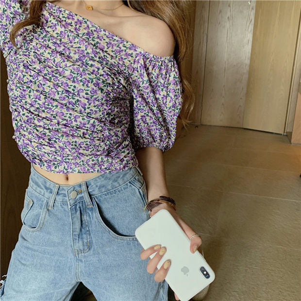 Smocked Back Mini Floral Bubble Sleeve Crop Top