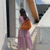 Checkered Bubble Sleeve Layered Long Dress