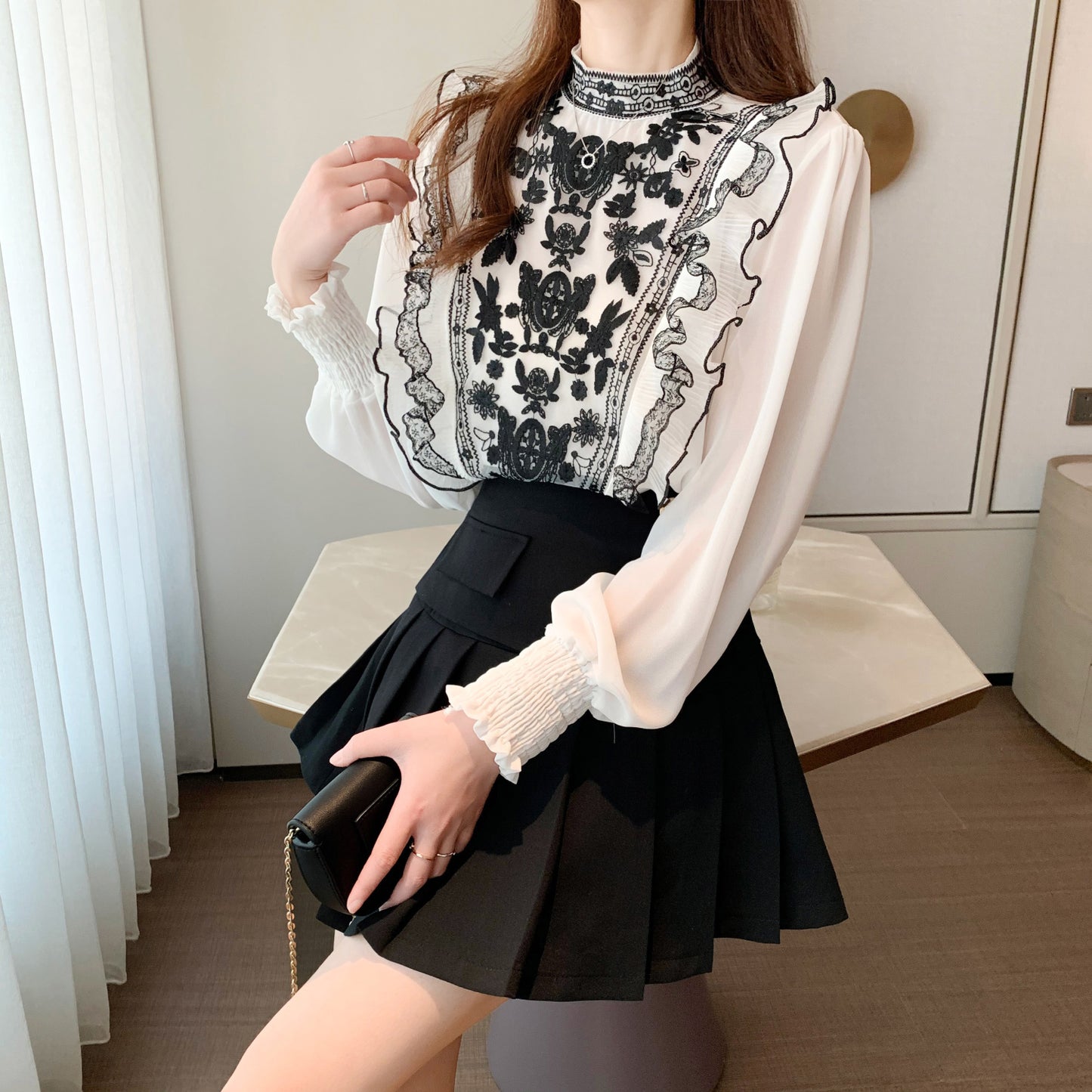 Lace Embroidery Smocked Sleeve Chiffon Blouse