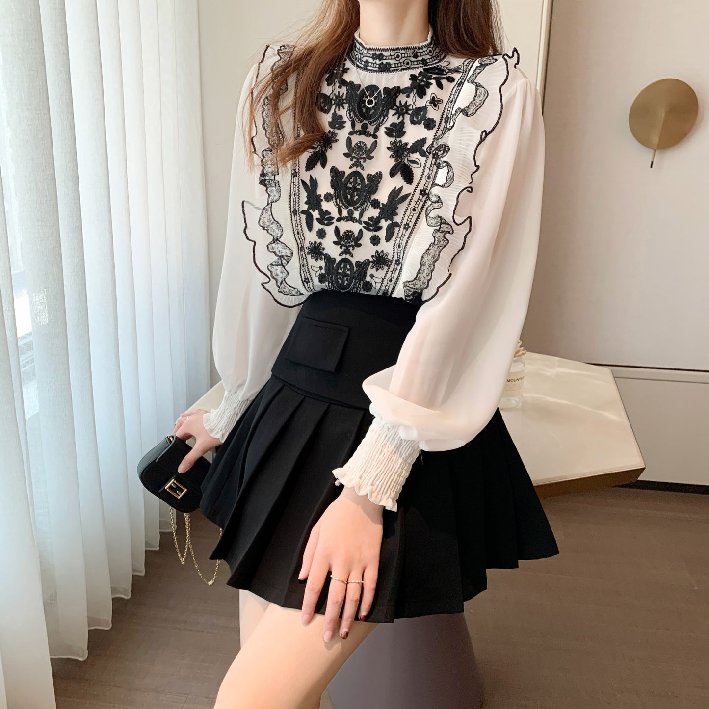 Lace Embroidery Smocked Sleeve Chiffon Blouse