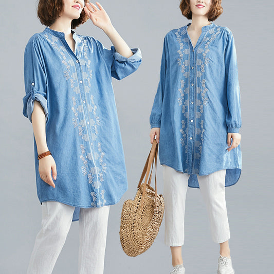 Mandarin Collar Embroidery Button Down Blouse