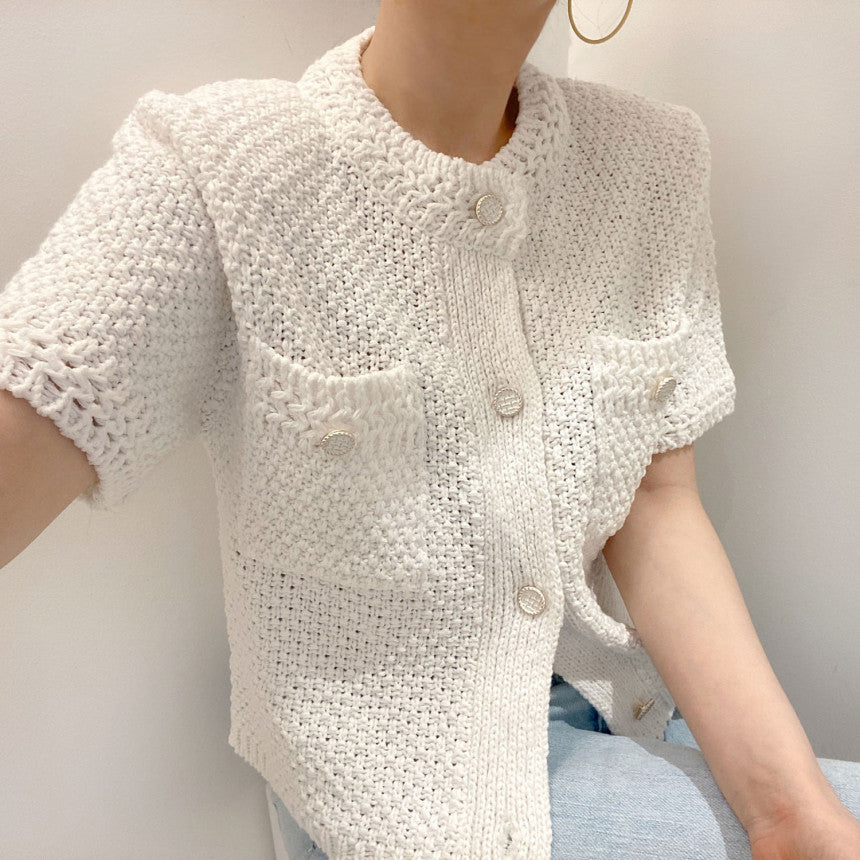 Short Sleeve Round Neck Button Down Sweater Top