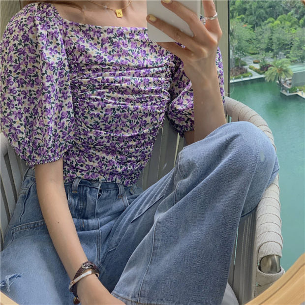 Smocked Back Mini Floral Bubble Sleeve Crop Top