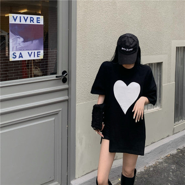 Heart Shaped Side Slit Oversized Tee